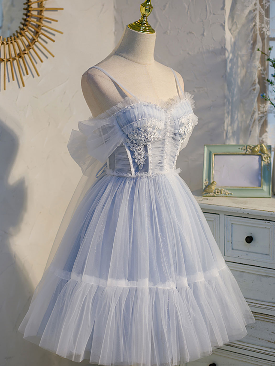 Unique Prom Dress, Blue sweetheart neck tulle lace short prom dress blue puffy homecoming dress
