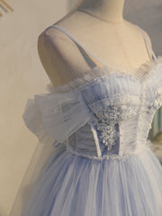Gold Dress, Blue sweetheart neck tulle lace short prom dress blue puffy homecoming dress
