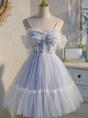 Semi Formal Dress, Blue sweetheart neck tulle lace short prom dress blue puffy homecoming dress