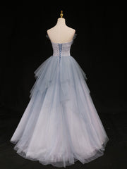 Prom Dress Yellow, Blue Sweetheart Neck Tulle Long Prom Gown, Blue Long Formal Graduation Dress