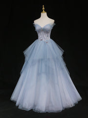 Dress, Blue Sweetheart Neck Tulle Long Prom Gown, Blue Long Formal Graduation Dress