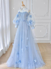 Party Dress India, Blue Sweetheart Tulle 3D Flower Long Prom Dress, Blue Evening Dress