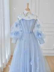 Party Dresses Clubwear, Blue Sweetheart Tulle 3D Flower Long Prom Dress, Blue Evening Dress