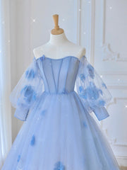 Party Dress Clubwear, Blue Sweetheart Tulle 3D Flower Long Prom Dress, Blue Evening Dress