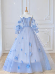 Party Dress Satin, Blue Sweetheart Tulle 3D Flower Long Prom Dress, Blue Evening Dress