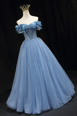 Party Dress With Sleeves, Blue Sweetheart Tulle Long Formal Dress, Off the Shoulder Evening Graduation Dress