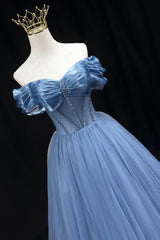 Party Dress Mid Length, Blue Sweetheart Tulle Long Formal Dress, Off the Shoulder Evening Graduation Dress