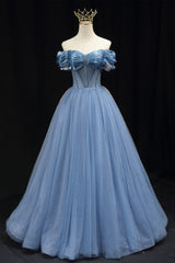 Party Dress Sleeve, Blue Sweetheart Tulle Long Formal Dress, Off the Shoulder Evening Graduation Dress