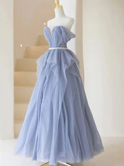 Royal Dress, Blue Sweetheart Tulle Off-the-Shoulder Floor-Length Prom Dresses, Blue Evening Gown
