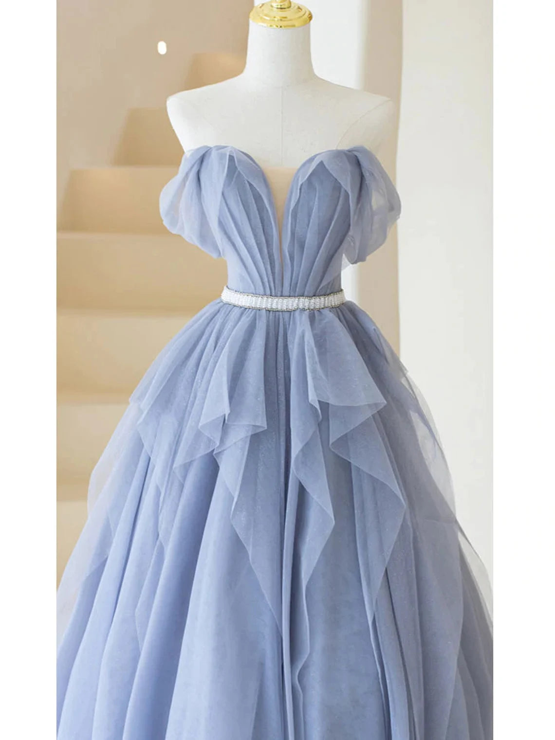 On Piece Dress, Blue Sweetheart Tulle Off-the-Shoulder Floor-Length Prom Dresses, Blue Evening Gown