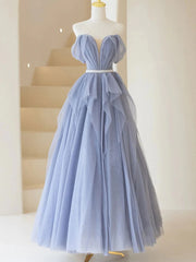 Formal Dresses Long, Blue Sweetheart Tulle Off-the-Shoulder Floor-Length Prom Dresses, Blue Evening Gown