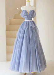Debutant Dress, Blue Sweetheart Tulle Off-the-Shoulder Floor-Length Prom Dresses, Blue Evening Gown