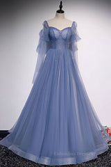 Bridesmaids Dress Chiffon, Blue sweetheart tulle sequin long prom dress blue formal dress