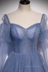 Bridesmaid Dress For Girls, Blue sweetheart tulle sequin long prom dress blue formal dress
