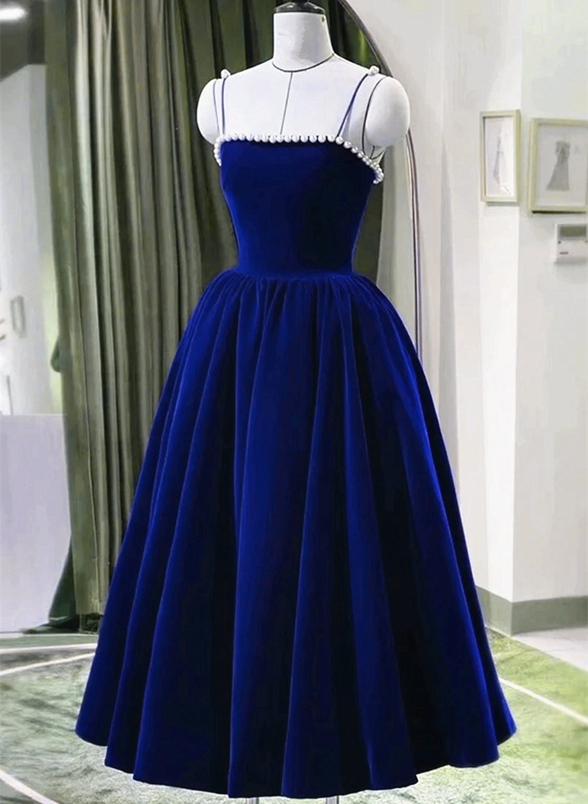 Ball Gown, Blue Tea Length Velvet Straps Pearls Formal Dress, Blue Homecoming Dress