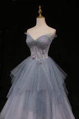 Mini Dress Formal, Blue Tulle A-Line Strapless Long Prom Dress, Blue Evening Party Dress