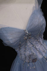 Silk Prom Dress, Blue Tulle A-Line Strapless Long Prom Dress, Blue Evening Party Dress