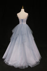Chic Dress Classy, Blue Tulle A-Line Strapless Long Prom Dress, Blue Evening Party Dress