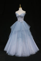 Dress Aesthetic, Blue Tulle A-Line Strapless Long Prom Dress, Blue Evening Party Dress