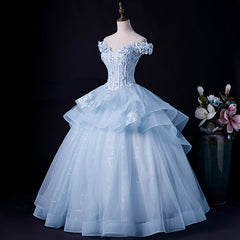 Party Dress Shiny, Blue Tulle Ball Gown Off Shoulder Layers Sweet 16 Dress, Blue Formal Dress with Lace