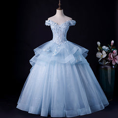 Party Dresses For Girls, Blue Tulle Ball Gown Off Shoulder Layers Sweet 16 Dress, Blue Formal Dress with Lace