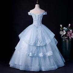 Party Dress Wedding Guest Dress, Blue Tulle Ball Gown Off Shoulder Layers Sweet 16 Dress, Blue Formal Dress with Lace