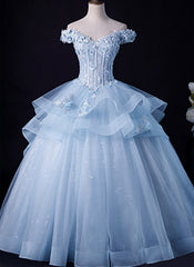 Party Dress In White, Blue Tulle Ball Gown Off Shoulder Layers Sweet 16 Dress, Blue Formal Dress with Lace