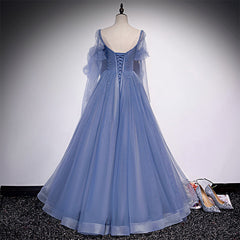 Wedding Dresses Long Sleeves, Blue Tulle Beaded Long Formal Dress Party Dresses, A-line Wedding Party Dresses