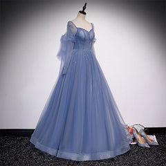 Wedding Dresses For Sale, Blue Tulle Beaded Long Formal Dress Party Dresses, A-line Wedding Party Dresses
