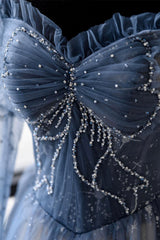 Homecoming Dresses Blues, Blue Tulle Beaded Long Prom Dress, A-Line Long Sleeve Evening Dress