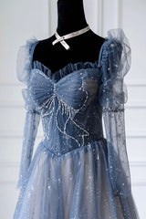 Homecoming Dress Blue, Blue Tulle Beaded Long Prom Dress, A-Line Long Sleeve Evening Dress