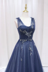 Black Prom Dress, Blue Tulle Beaded Long Prom Dress, Blue A-Line Evening Party Dress