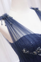 Prom Dresses Brown, Blue Tulle Beaded Long Prom Dress, Blue A-Line Evening Party Dress