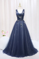 Pink Dress, Blue Tulle Beaded Long Prom Dress, Blue A-Line Evening Party Dress