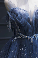 Lace Dress, Blue Tulle Beaded Long Senior Prom Dress, A-Line Strapless Evening Party Dress