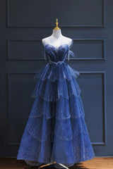 Sun Dress, Blue Tulle Beaded Long Senior Prom Dress, A-Line Strapless Evening Party Dress