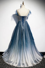 Prom Dresses For Brunettes, Blue Tulle Beading Long A-Line Prom Dress, Scoop Neckline Evening Dress