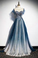 Prom Dresses 2024 Cheap, Blue Tulle Beading Long A-Line Prom Dress, Scoop Neckline Evening Dress