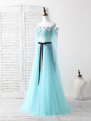Evening Dress, Blue Tulle Beads Long Prom Dress Blue Beads Evening Dress