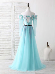 Corset Dress, Blue Tulle Beads Long Prom Dress Blue Beads Evening Dress