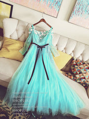 Red Carpet Dress, Blue Tulle Beads Long Prom Dress Blue Beads Evening Dress