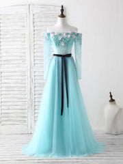 2029 Prom Dress, Blue Tulle Beads Long Prom Dress Blue Beads Evening Dress