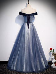 Modest Prom Dress, Blue Tulle Beads Long Prom Dress, Blue Tulle Formal Dress