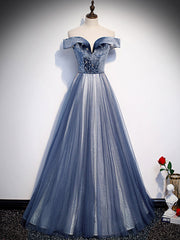 Sweater Dress, Blue Tulle Beads Long Prom Dress, Blue Tulle Formal Dress