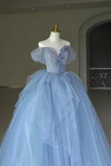 Prom Dresses 2022, Blue Tulle Floor Length Prom Dress, Off the Shoulder Evening Dress with 3D Flowers