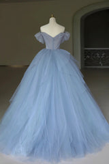 Prom Dresses Ideas, Blue Tulle Floor Length Prom Dress, Off the Shoulder Evening Dress with 3D Flowers