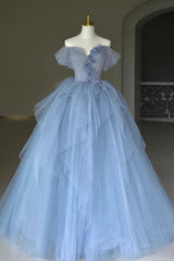 Prom Dress Under 202, Blue Tulle Floor Length Prom Dress, Off the Shoulder Evening Dress with 3D Flowers