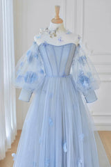 Prom Dress Off Shoulder, Blue Tulle Flowers Long Prom Dress, Lovely A-Line Puff Sleeve Evening Dress