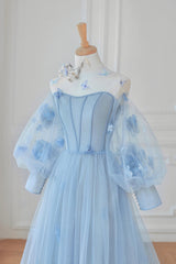 Prom Dresses Long Sleeve, Blue Tulle Flowers Long Prom Dress, Lovely A-Line Puff Sleeve Evening Dress