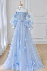 Prom Dresses Off Shoulder, Blue Tulle Flowers Long Prom Dress, Lovely A-Line Puff Sleeve Evening Dress